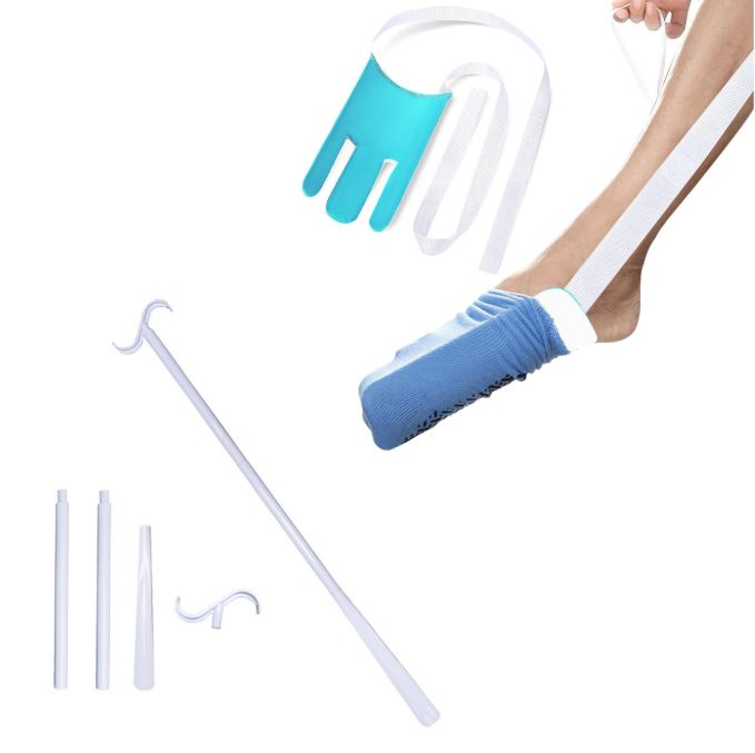 Portable Complete Independent Living Mobility Kit - No-Bend Three Finger Sock Aid & White Extendable 3-in-1 V888-ELOSUNG49382