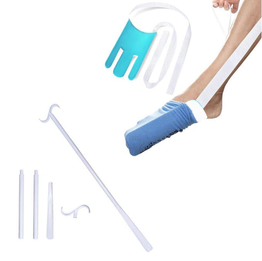 Portable Complete Independent Living Mobility Kit - No-Bend Three Finger Sock Aid & White Extendable 3-in-1 V888-ELOSUNG49382
