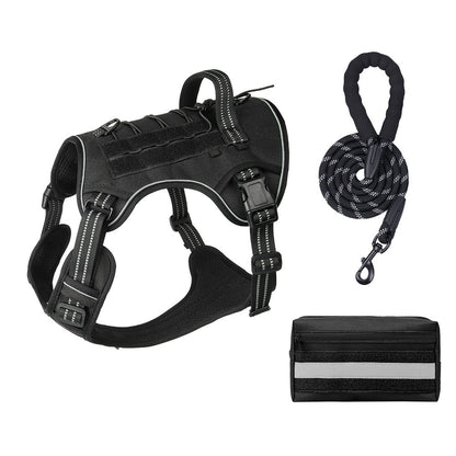 3-Piece Black Tactical Dog Harness Set (M Size) - Heavy Duty No-Pull Vest with Detachable Tactical Pouch & V888-ELOSUNG49386