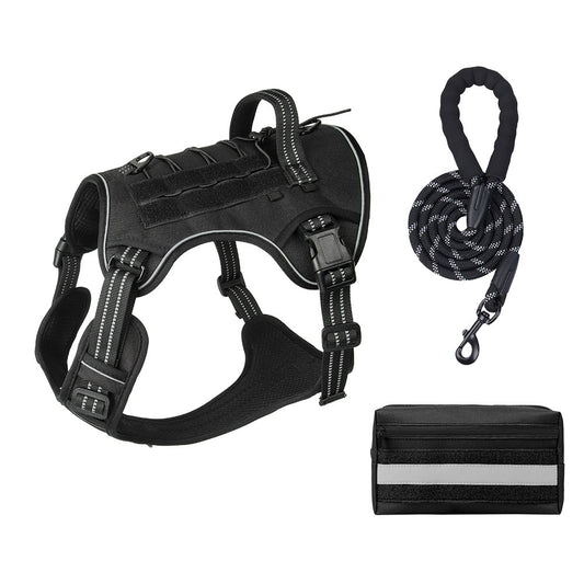 3-Piece Black Tactical Dog Harness Set (L Size) - Heavy Duty No-Pull Vest with Detachable Tactical Pouch & V888-ELOSUNG49387
