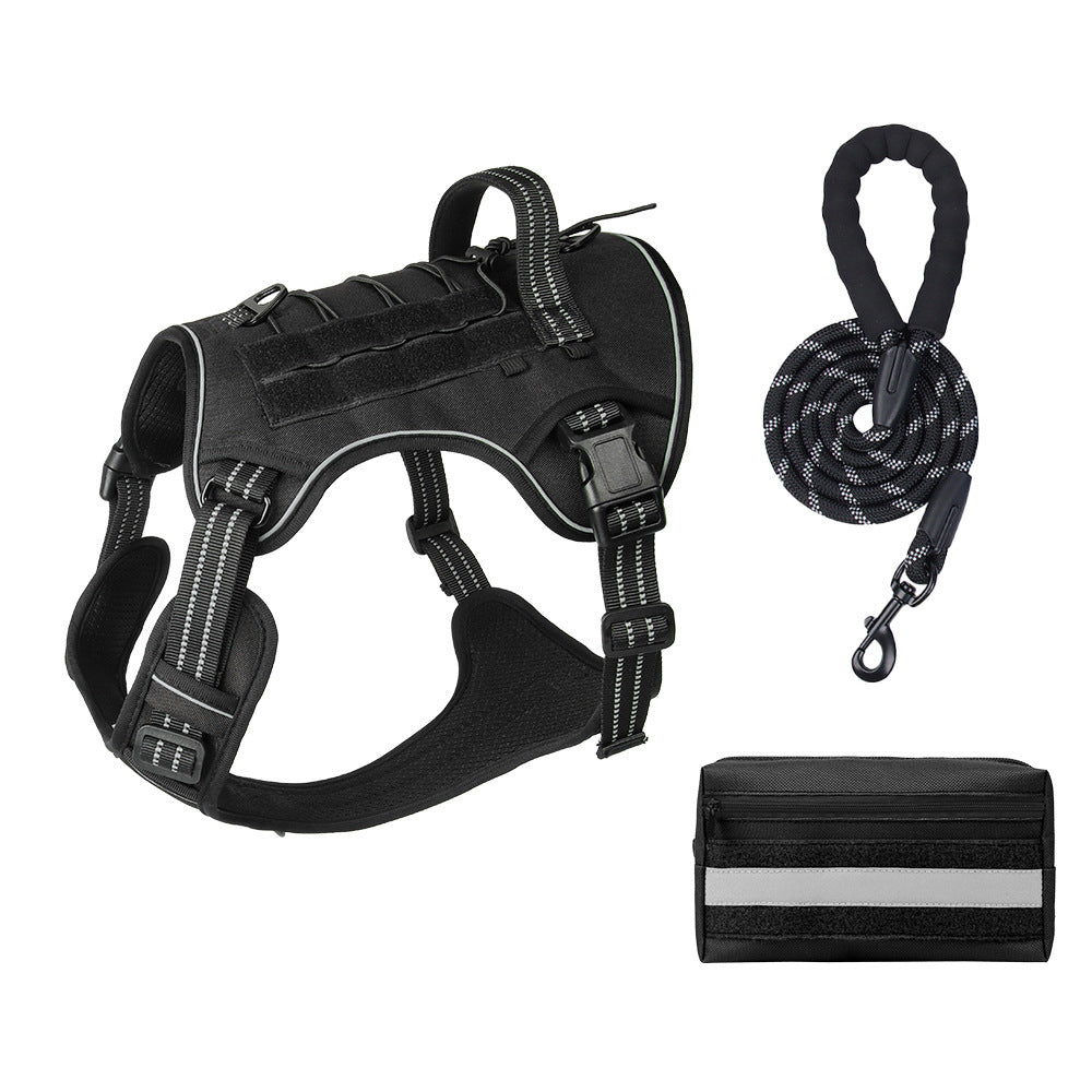 3-Piece Black Tactical Dog Harness Set (XL Size) - Heavy Duty No-Pull Vest with Detachable Tactical Pouch & V888-ELOSUNG49388
