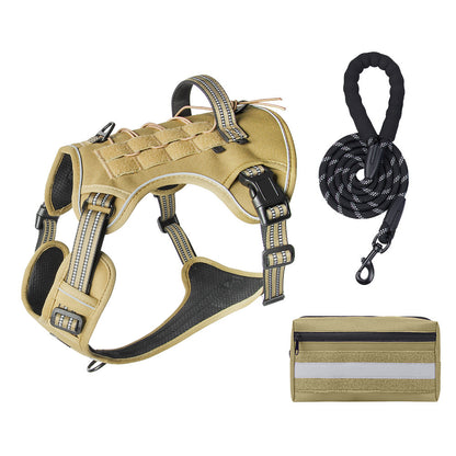 3-Piece Khaki Tactical Dog Harness Set (L Size) - Heavy Duty No-Pull Vest with Detachable Tactical Pouch & V888-ELOSUNG49391