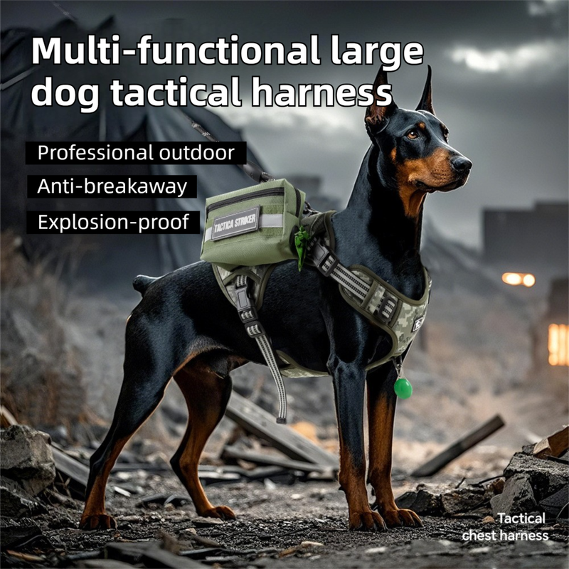 3-Piece Green Tactical Dog Harness Set (M Size) - Heavy Duty No-Pull Vest with Detachable Tactical Pouch & V888-ELOSUNG49394
