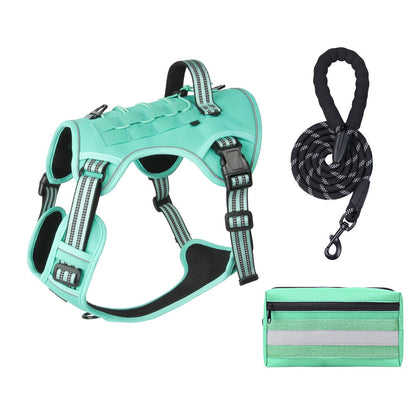 3-Piece Green Tactical Dog Harness Set (L Size) - Heavy Duty No-Pull Vest with Detachable Tactical Pouch & V888-ELOSUNG49395