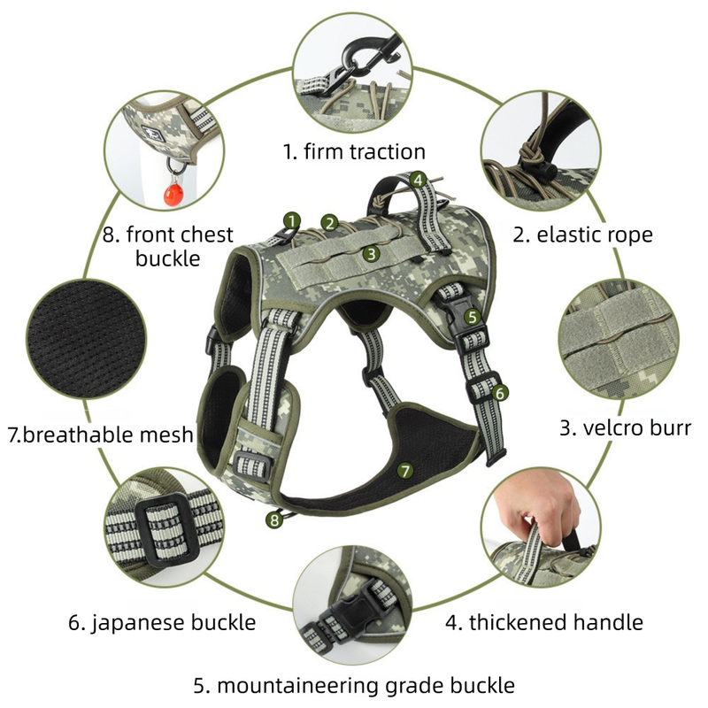 3-Piece Green Tactical Dog Harness Set (L Size) - Heavy Duty No-Pull Vest with Detachable Tactical Pouch & V888-ELOSUNG49395