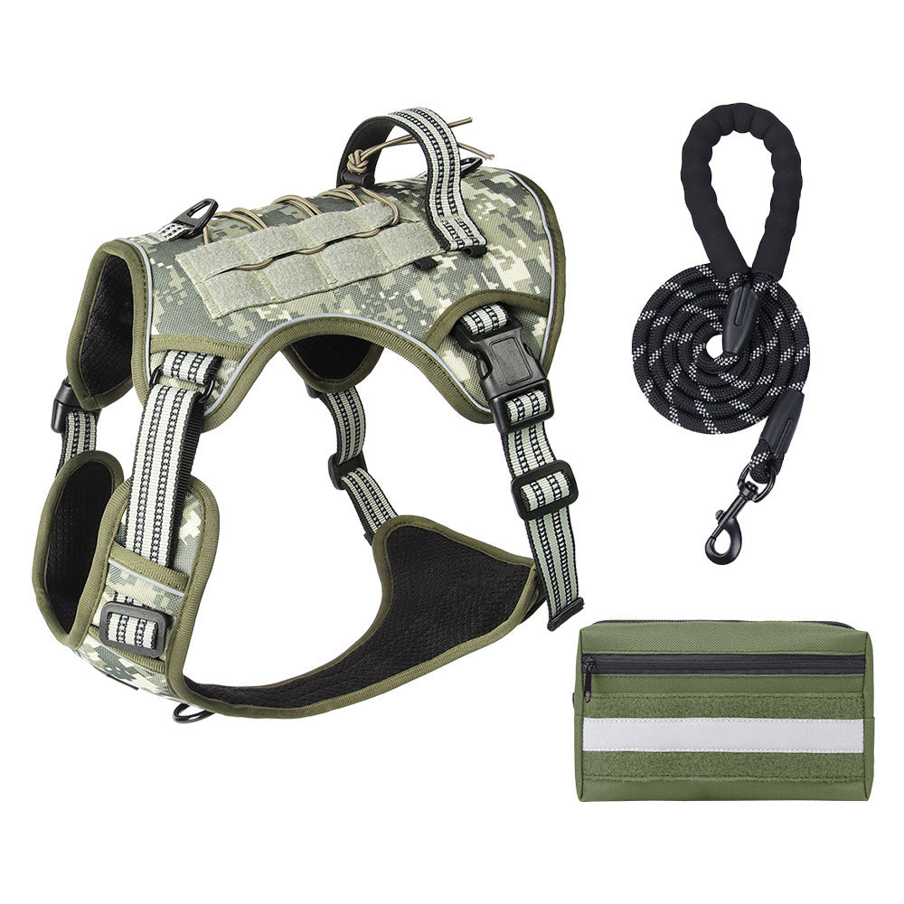 3-Piece Camouflage Tactical Dog Harness Set (M Size) - Heavy Duty No-Pull Vest with Detachable Tactical Pouch V888-ELOSUNG49398