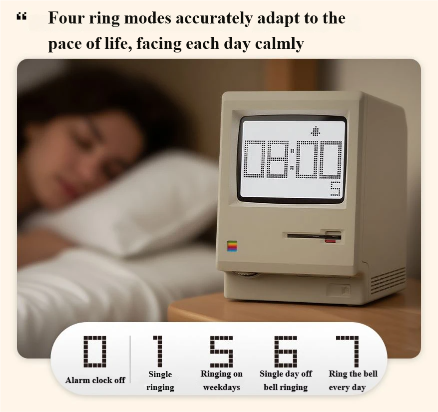 Retro Computer Style Desktop Maclock - Interactive Floppy Disk Switch, 5 Alarm Settings, 3 Display Modes and V888-ELOSUNG49401