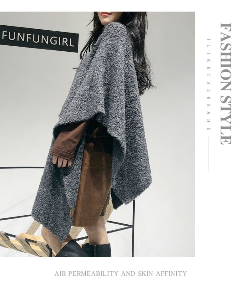 Grey Premium Knitted Wool Blend Poncho - Elegant Thickened Drape Shawl & Cape Cardigan Coat V888-ELOSUNG49406