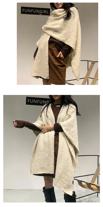Beige Premium Knitted Wool Blend Poncho - Elegant Thickened Drape Shawl & Cape Cardigan Coat V888-ELOSUNG49407