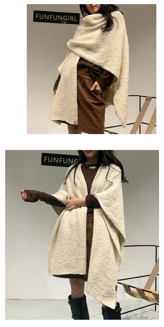 Beige Premium Knitted Wool Blend Poncho - Elegant Thickened Drape Shawl & Cape Cardigan Coat V888-ELOSUNG49407