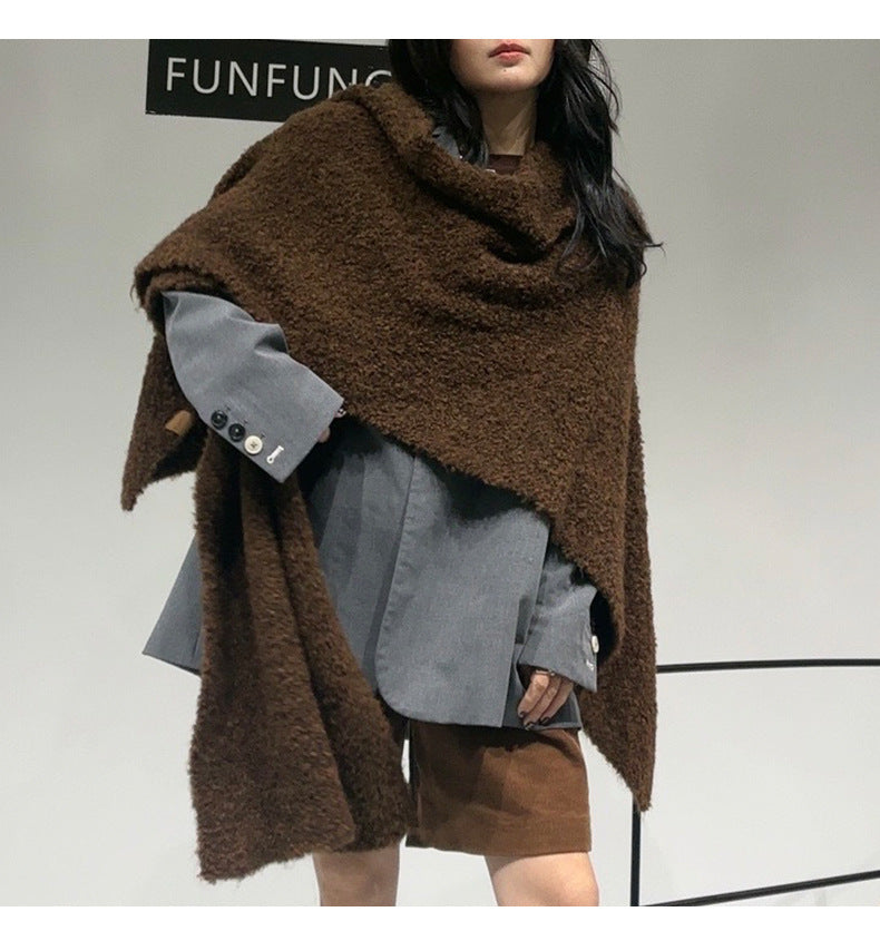 Brown Premium Knitted Wool Blend Poncho - Elegant Thickened Drape Shawl & Cape Cardigan Coat V888-ELOSUNG49408