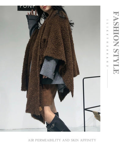 Brown Premium Knitted Wool Blend Poncho - Elegant Thickened Drape Shawl & Cape Cardigan Coat V888-ELOSUNG49408