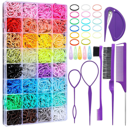 2000PCS Candy Macaron Soft Elastic Hair Ties (32-Color) + 11PCS Hair Styling Tools Set with Storage Case for V888-ELOSUNG49410