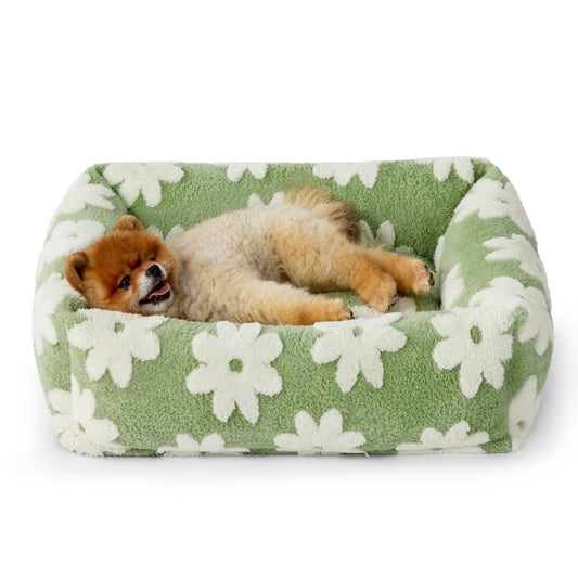 50x48x15 CM Cute Square Plush Pet Bed with Removable Cover & 5 Bolsters Support - Green Daisies Machine V888-ELOSUNG49468