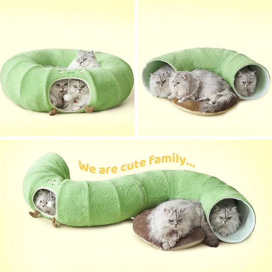 Green Cute Foldable Cat Tunnel Bed with Dual-Zipper Detachable & Connectable Design - 2-in-1 Versatile V888-ELOSUNG49481