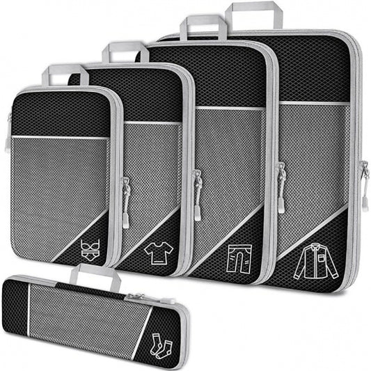 Black Waterproof Travel Compression Packing Cube Set of 5 Sizes with Carry Handles - 50% Space Saving V888-ELOSUNG49490