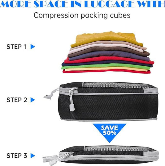 Black Waterproof Travel Compression Packing Cube Set of 5 Sizes with Carry Handles - 50% Space Saving V888-ELOSUNG49490