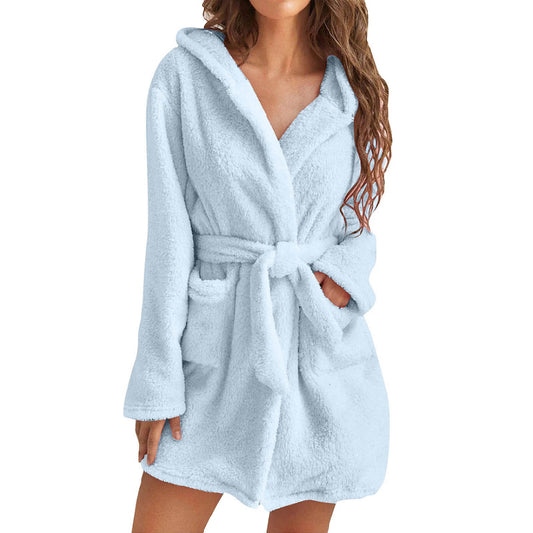 Blue 2XL Size Women's Ultra-Thick Plush Robe with Large Hood & Pockets - Warm Winter Double-Layer Sherpa V888-ELOSUNG49512