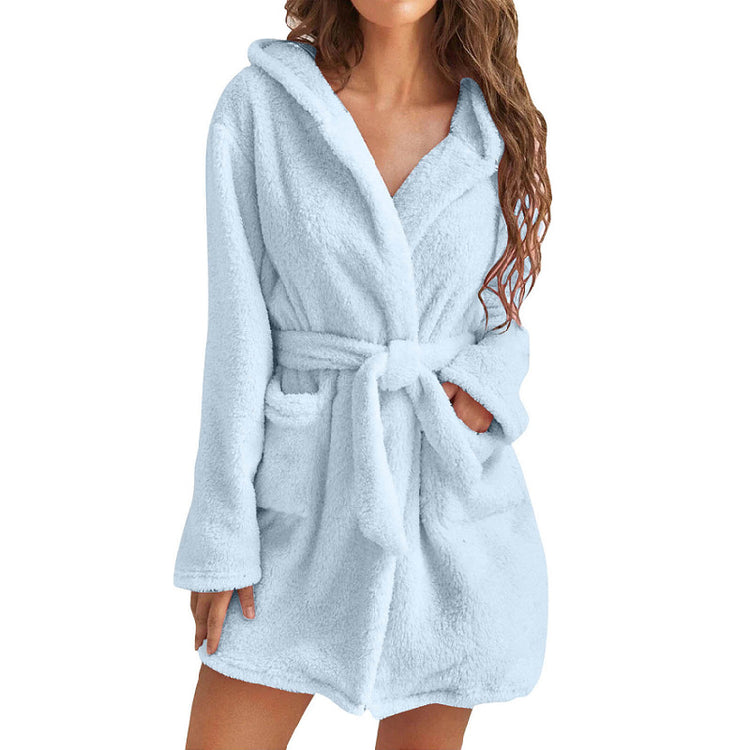 Blue 5XL Size Women's Ultra-Thick Plush Robe with Large Hood & Pockets - Warm Winter Double-Layer Sherpa V888-ELOSUNG49513