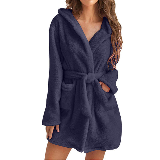 Dark Blue 2XL Size Women's Ultra-Thick Plush Robe with Large Hood & Pockets - Warm Winter Double-Layer Sherpa V888-ELOSUNG49521