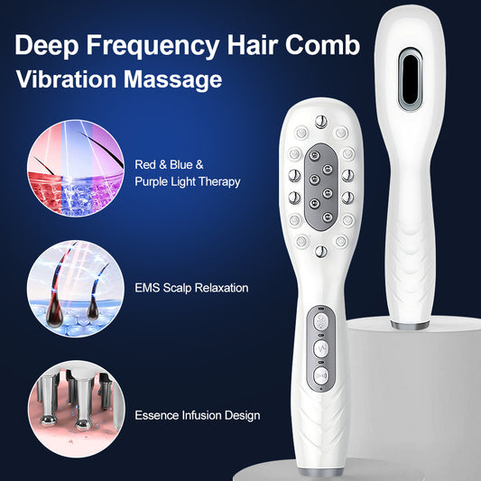 White Porrtable EMS Vibration Scalp Massager & Hair Growth Comb - Tri-Color LED Therapy, 8 Gentle Comb Teeth V888-ELOSUNG49536