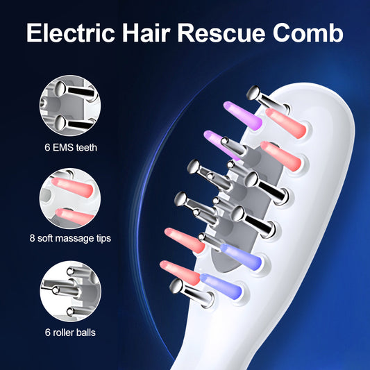 White Porrtable EMS Vibration Scalp Massager & Hair Growth Comb - Tri-Color LED Therapy, 8 Gentle Comb Teeth V888-ELOSUNG49536