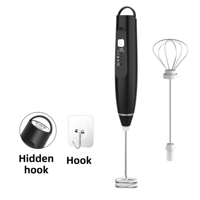 Black Wireless 3-Speed Milk Frother & Egg Whisk with Dual Mixing Heads & Hidden Hook - Handheld USB V888-ELOSUNG49549