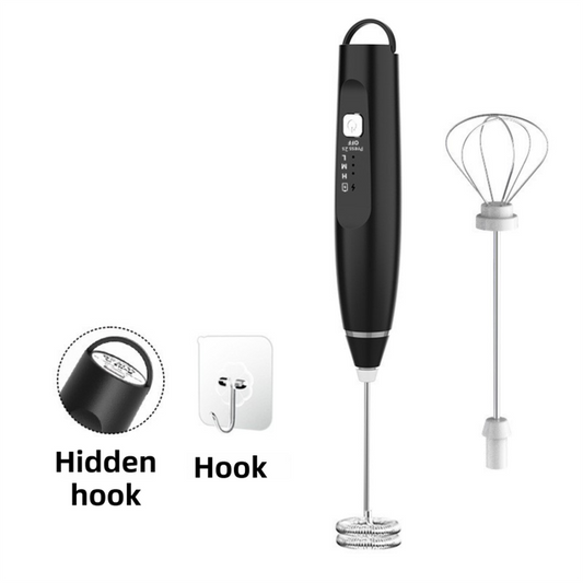 Black Wireless 3-Speed Milk Frother & Egg Whisk with Dual Mixing Heads & Hidden Hook - Handheld USB V888-ELOSUNG49549