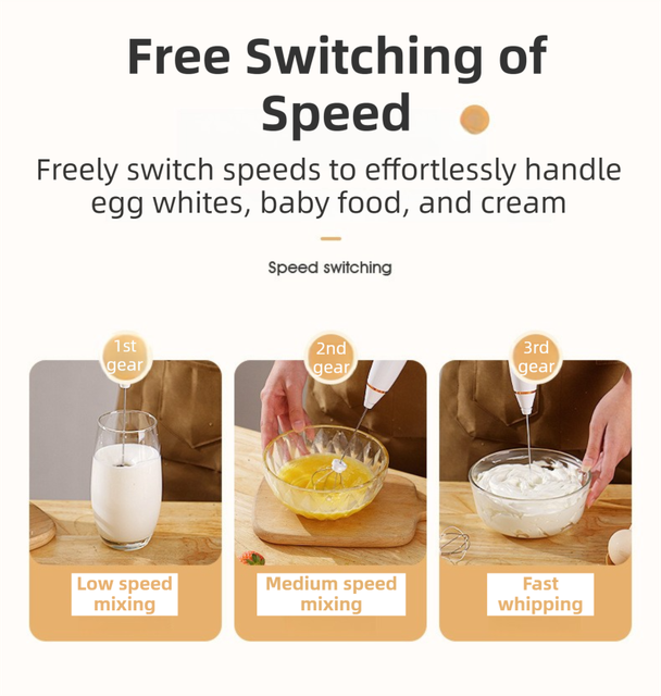 Black Wireless 3-Speed Milk Frother & Egg Whisk with Dual Mixing Heads & Hidden Hook - Handheld USB V888-ELOSUNG49549