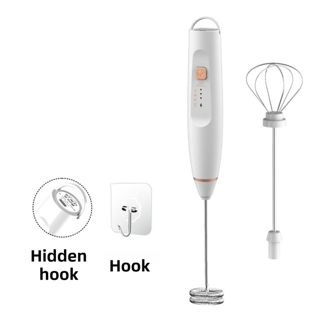 White Wireless 3-Speed Milk Frother & Egg Whisk with Dual Mixing Heads & Hidden Hook - Handheld USB V888-ELOSUNG49550