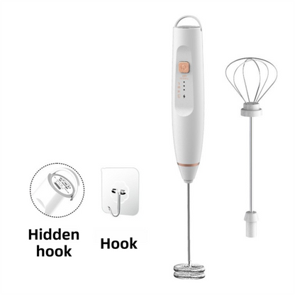 White Wireless 3-Speed Milk Frother & Egg Whisk with Dual Mixing Heads & Hidden Hook - Handheld USB V888-ELOSUNG49550