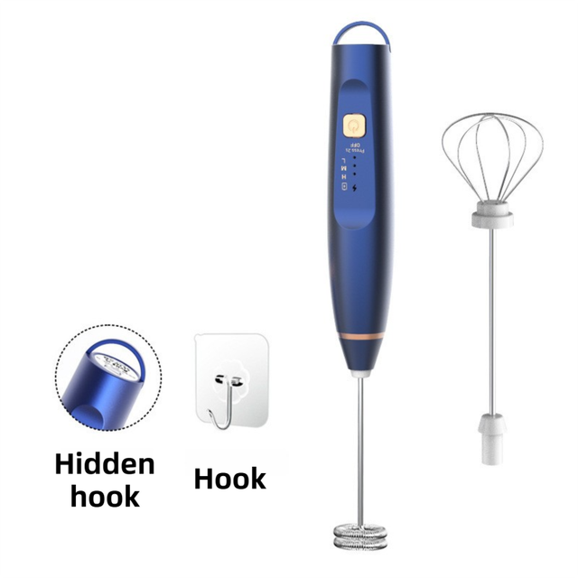 Blue Wireless 3-Speed Milk Frother & Egg Whisk with Dual Mixing Heads & Hidden Hook - Handheld USB V888-ELOSUNG49551
