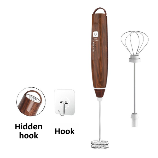 Wood Grain Wireless 3-Speed Milk Frother & Egg Whisk with Dual Mixing Heads & Hidden Hook - Handheld USB V888-ELOSUNG49552