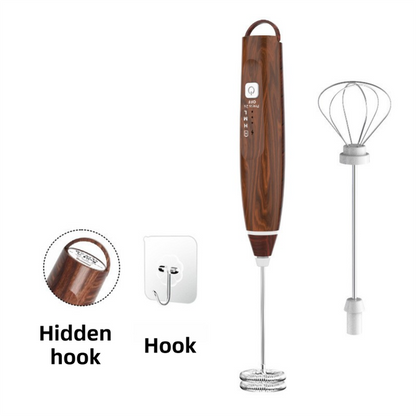 Wood Grain Wireless 3-Speed Milk Frother & Egg Whisk with Dual Mixing Heads & Hidden Hook - Handheld USB V888-ELOSUNG49552