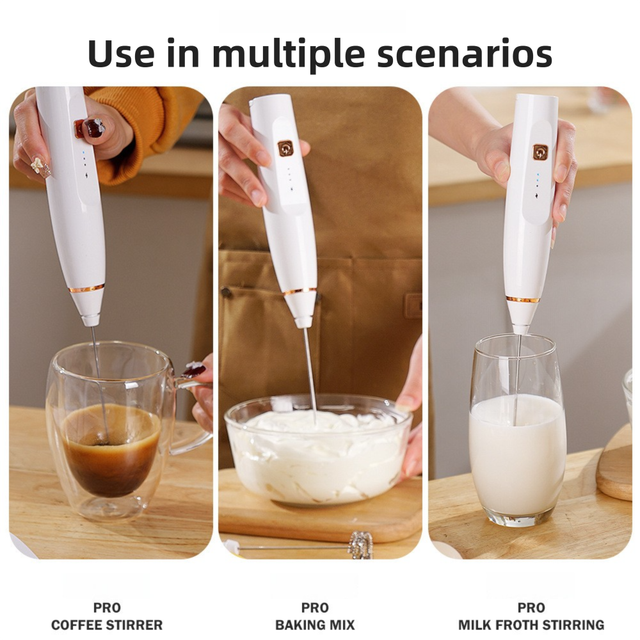 Wood Grain Wireless 3-Speed Milk Frother & Egg Whisk with Dual Mixing Heads & Hidden Hook - Handheld USB V888-ELOSUNG49552