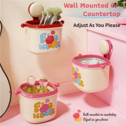 Cream Powder Cute Suction Cup Wall-Mounted Trash Bin with Bag Press Ring and Wide Opening - Multifunctional V888-ELOSUNG49554
