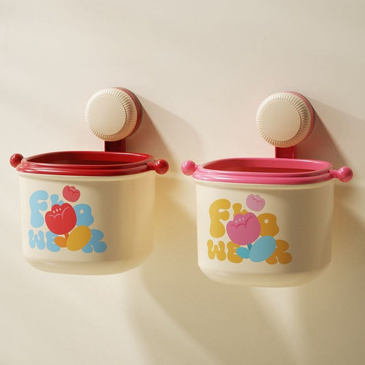 2-Pack Cream Red & Cream Powder Cute Suction Cup Wall-Mounted Trash Bin with Bag Press Ring and Wide Opening V888-ELOSUNG49555