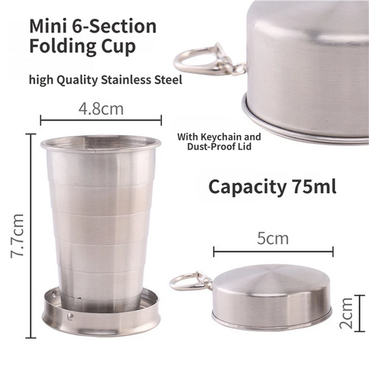 75ML Silver Stainless Steel 6-Section Telescopic Travel Cup with Keychain & Dust-Proof Lid for Outdoor Hiking V888-ELOSUNG49571