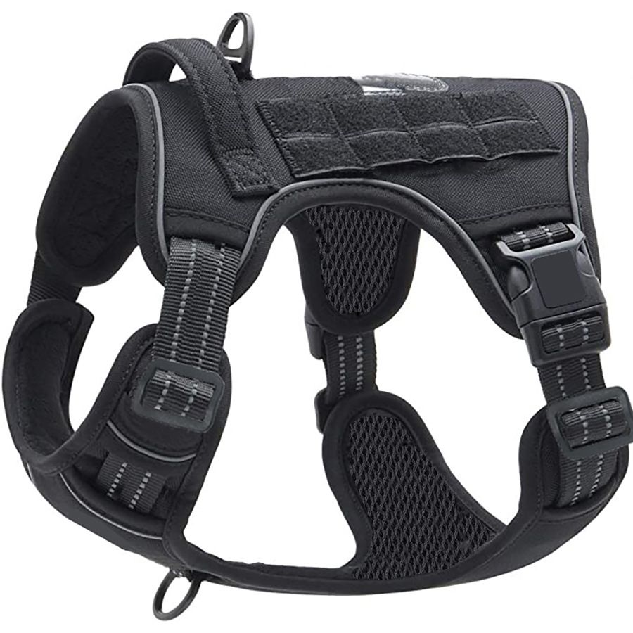 Black Professional Adjustable Tactical Dog Mesh Harness - Reflective No-Pull Pet Vest with Control Handle (XL V888-ELOSUNG49577