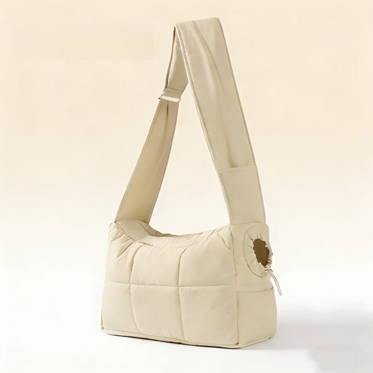 Beige Foldable Insulated Quilted Pet Shoulder Bag with Adjustable Peep Hole & Safety Buckle - Thickened Warm V888-ELOSUNG49592