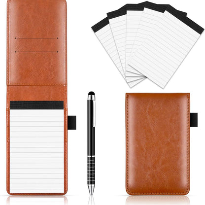 7-Piece Brown Business A7 Pocket Notebook Set - Premium PU Leather Memo Pad, 5 Memo Replacement Refills & V888-ELOSUNG49610