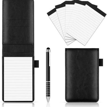 7-Piece Black Business A7 Pocket Notebook Set - Premium PU Leather Memo Pad, 5 Memo Replacement Refills & V888-ELOSUNG49611