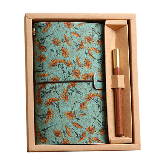 Wild Rose Retro A6 Travelers Leather Notebook & Wooden Pen Gift Box - Floral Botanical Loose-Leaf Journal V888-ELOSUNG49613