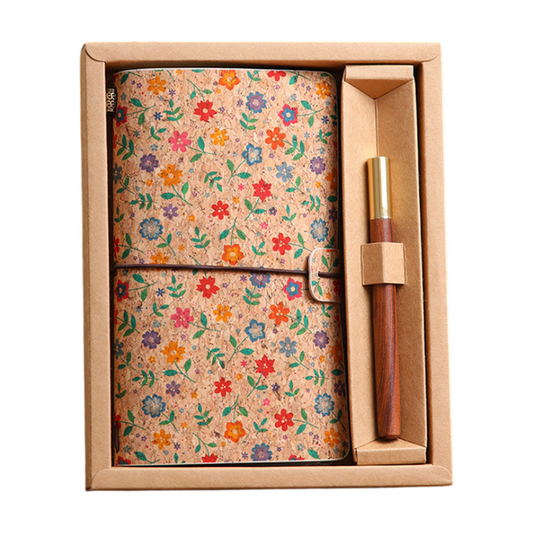 Mini Rose Retro A6 Travelers Leather Notebook & Wooden Pen Gift Box - Floral Botanical Loose-Leaf Journal V888-ELOSUNG49614