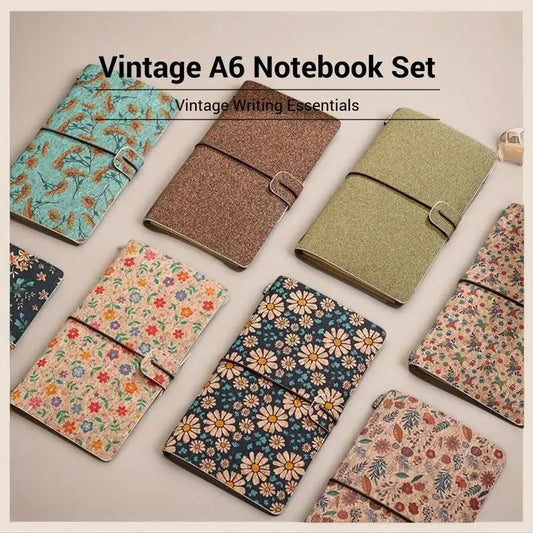 Mini Rose Retro A6 Travelers Leather Notebook & Wooden Pen Gift Box - Floral Botanical Loose-Leaf Journal V888-ELOSUNG49614