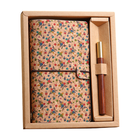 Forest Floral Retro A6 Travelers Leather Notebook & Wooden Pen Gift Box - Floral Botanical Loose-Leaf Journal V888-ELOSUNG49616