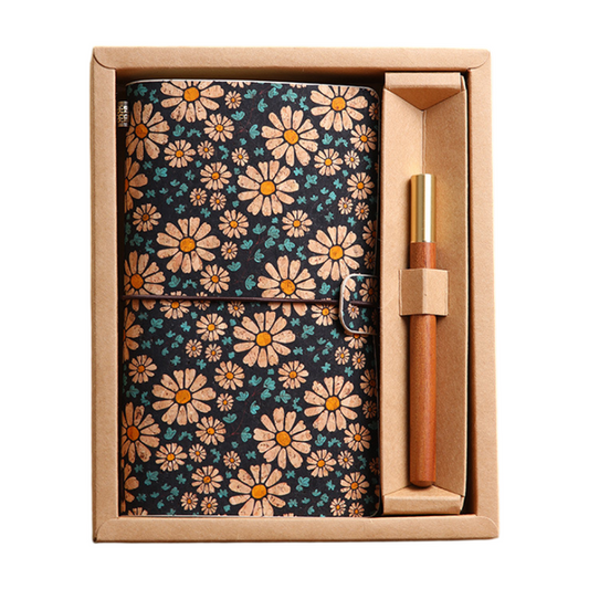 Cornflower Retro A6 Travelers Leather Notebook & Wooden Pen Gift Box - Floral Botanical Loose-Leaf Journal V888-ELOSUNG49618