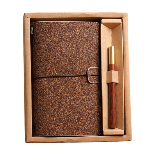 Shiny Brown Retro A6 Travelers Leather Notebook & Wooden Pen Gift Box - Floral Botanical Loose-Leaf Journal V888-ELOSUNG49619