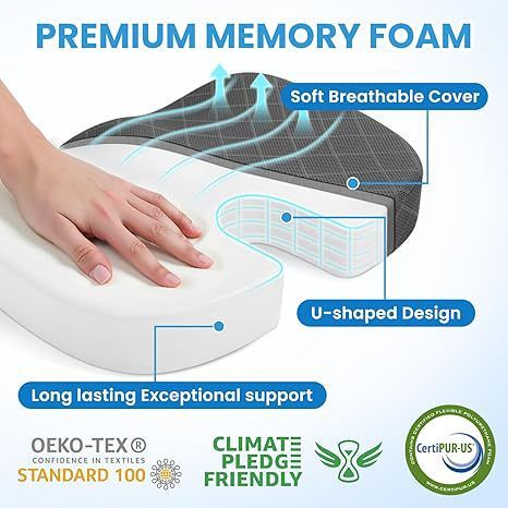 Black Ergonomic Memory Foam U-Shaped Seat Cushion - Breathable Orthopedic Pressure Relief Pillow with ZIpper V888-ELOSUNG49624
