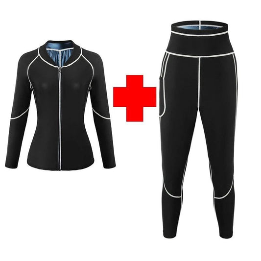 M Size Black and Blue Women's Workout Sauna Sweat Suit Set: Long Sleeve & Leggings - High Elasticity V888-ELOSUNG49627